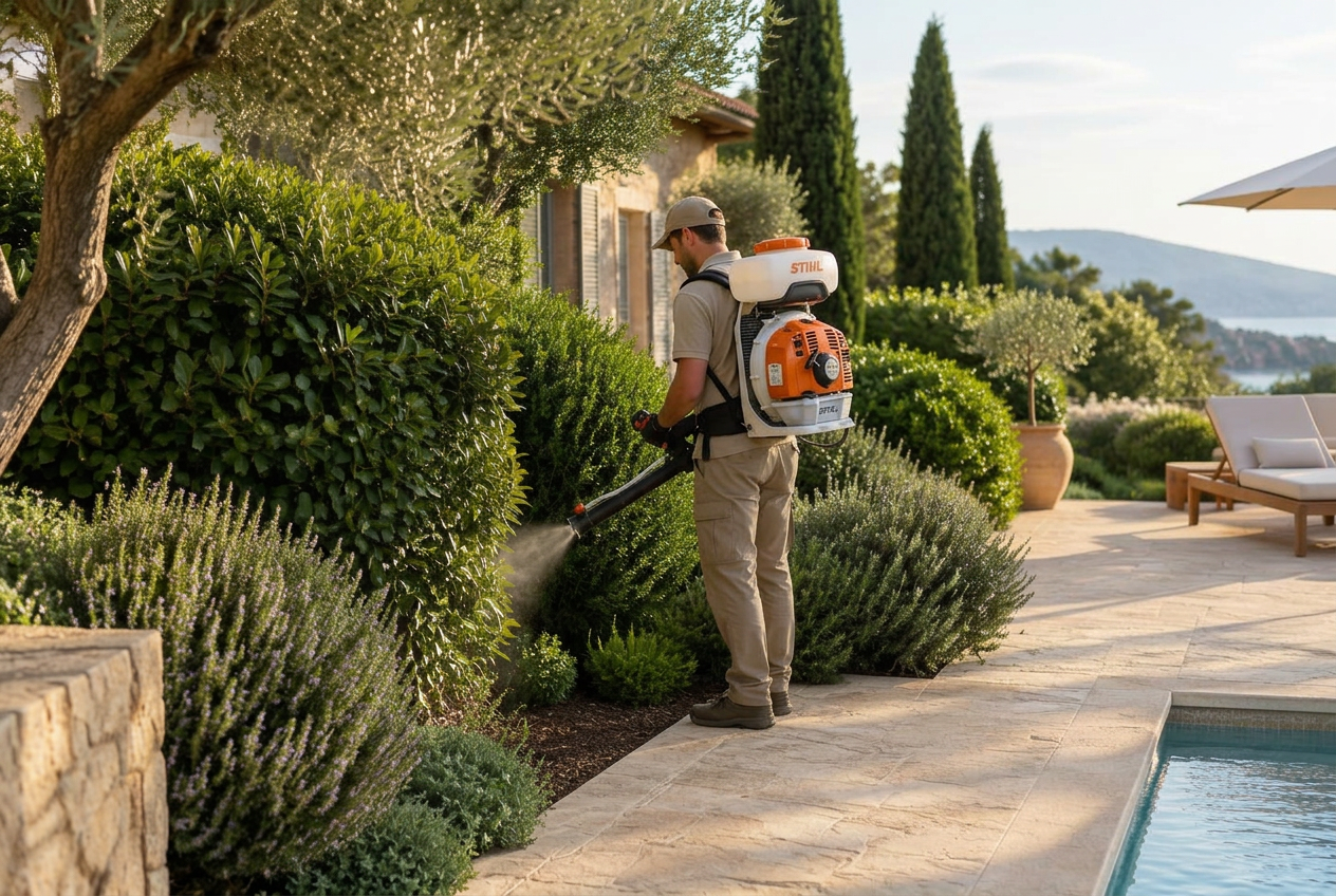 A property-care specialist treating garden foliage beside a Mediterranean villa pool