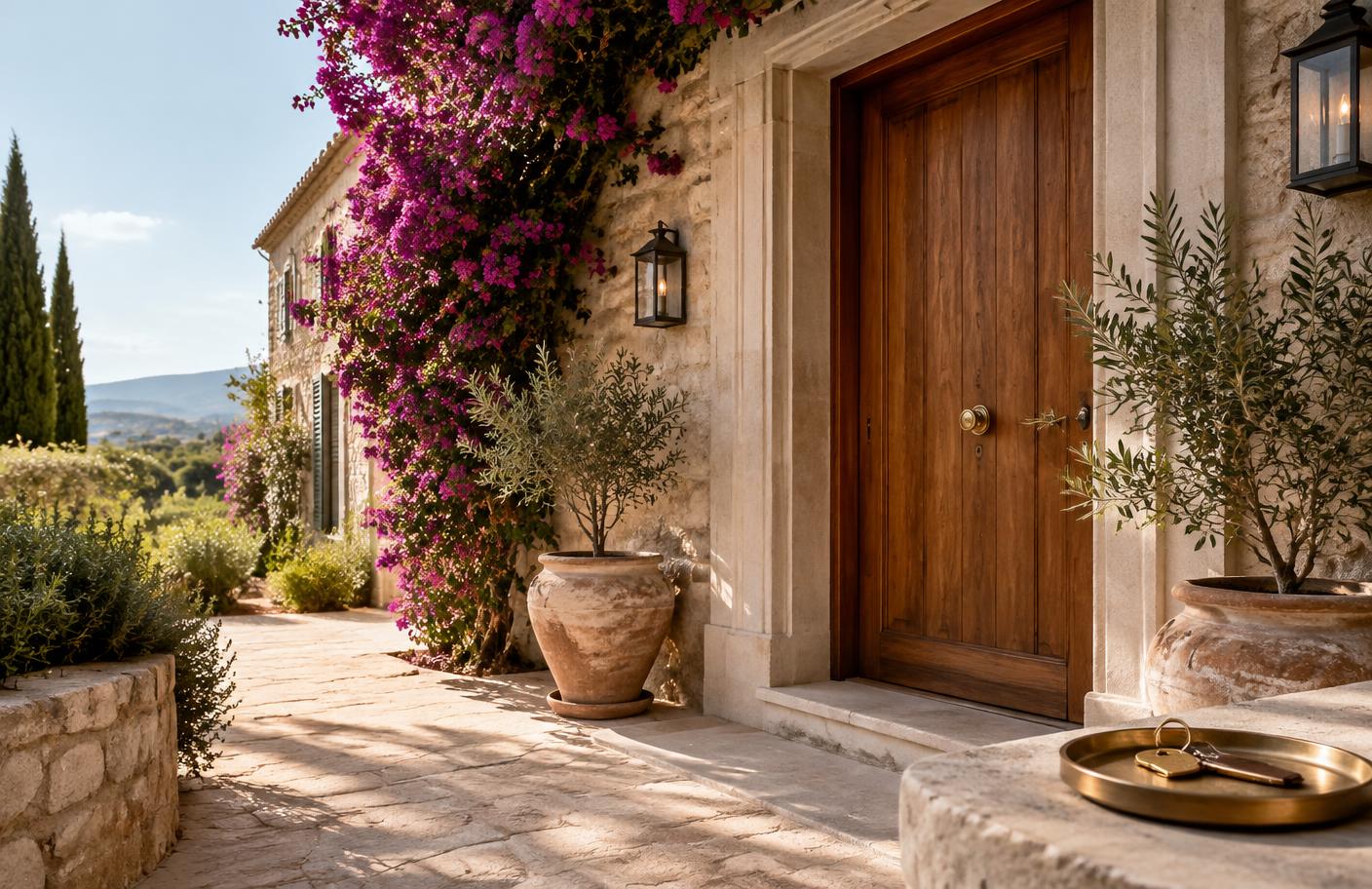 Cared-for Mediterranean villa entrance ready for its owners